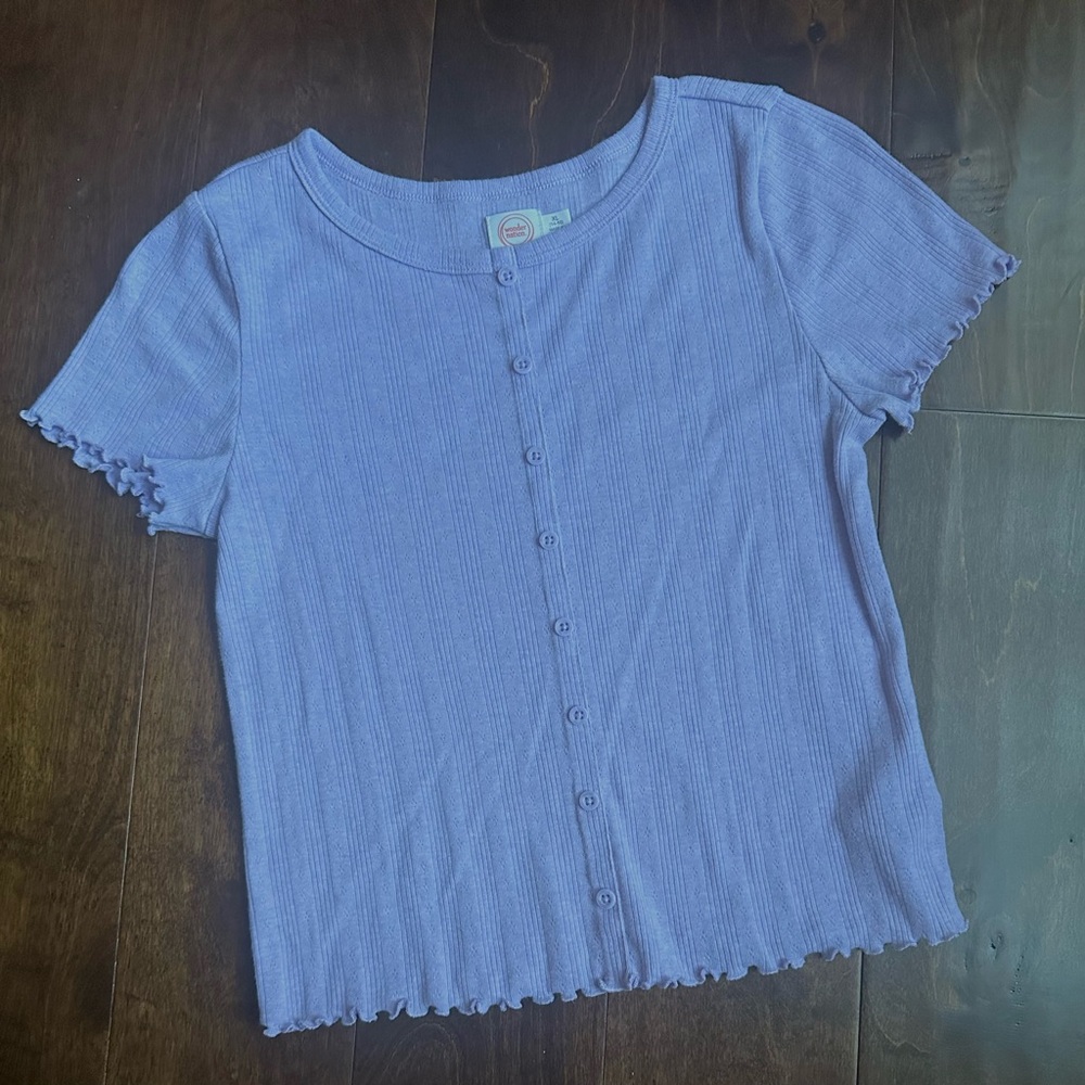 Purple lavender pointelle , button front , lettuce trim , short sleeve top